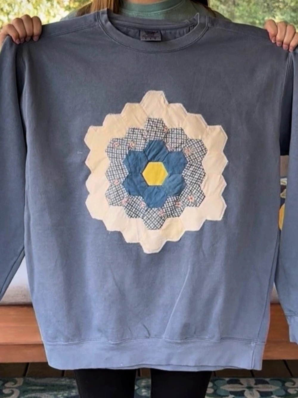 Comfort Colors sweatshirt upcycled with a vintage grandmother’s garden quilt squ
